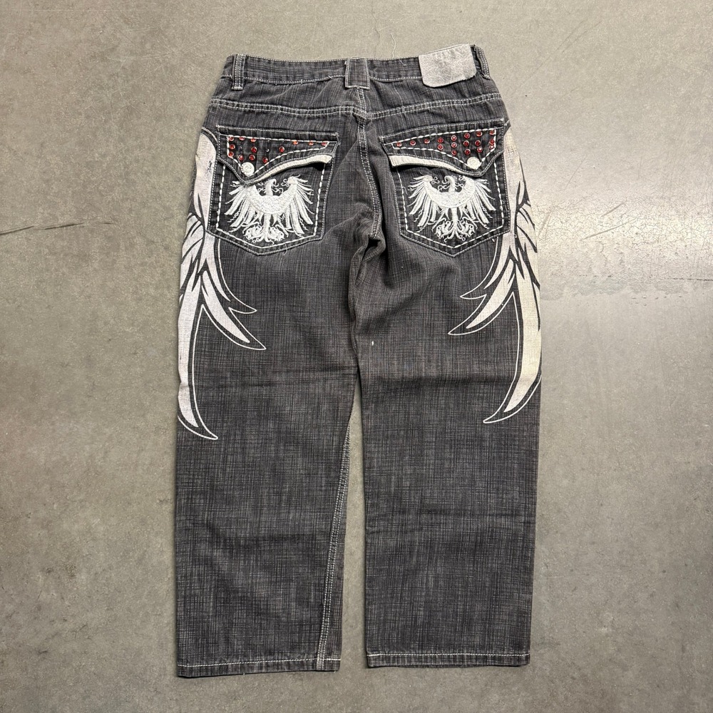 Victorious Mens W36 L32 Gray Wing Embroidered Rhinestone Y2K Baggy Jeans